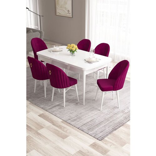 Hanah home Roz - White, Damson WhiteDamson Extendable Dining Table & Chairs Set (7 Pieces) Cene