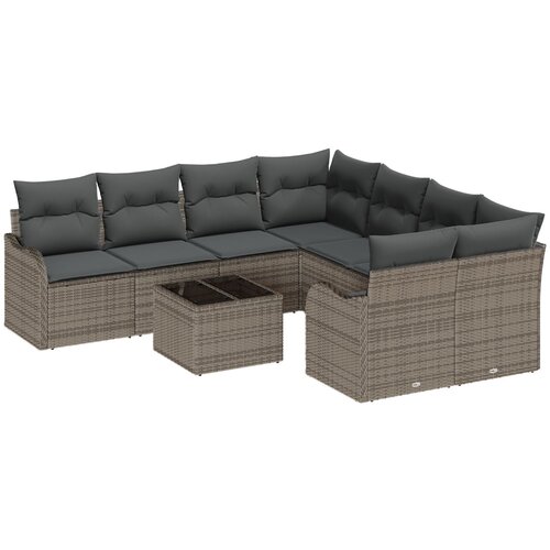 VidaXL 9-dijelni set sofe za vrt s jastučićima siva poli ratan, 2-sjedna vrtna sofa s jastučićima siva poli ratan Slike
