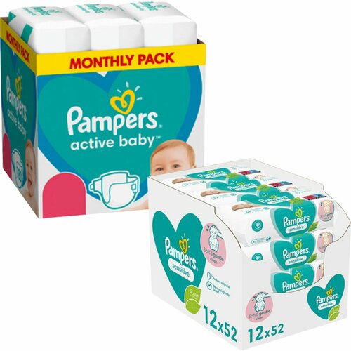 Pampers Active baby mesečno pakovanje pelena + vlažne maramice sensitive 12X52 Slike