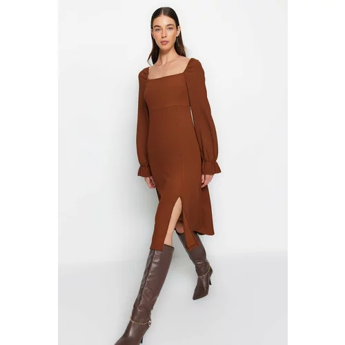 Trendyol Brown Crepe/Textured Square Neck Slit Long Sleeve Midi Knit Dress