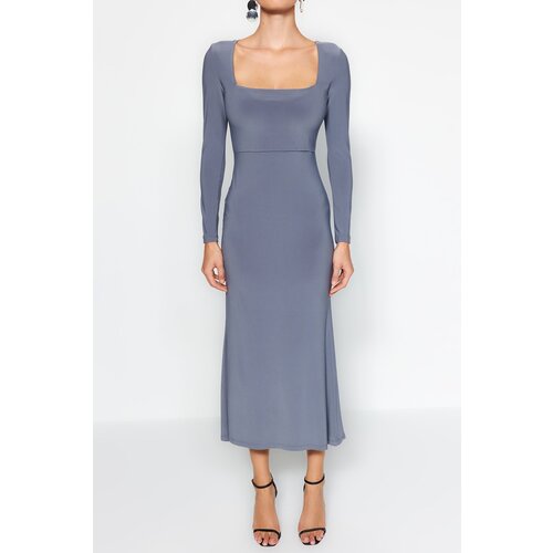 Trendyol Dark Gray Ruffles Square Neckline Fitted/Slipped Maxi Stretch Knit Dress Slike