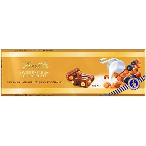 Lindt premium mlečna čokolada sa suvim grožđem i lešnikom 300g Slike