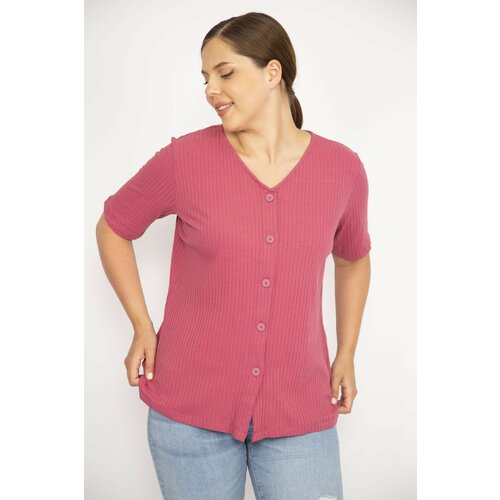 Şans Women's Pomegranate Plus Size V-Neck Front Decorative Buttoned Camisole Fabric Short Sleeve Blouse Slike