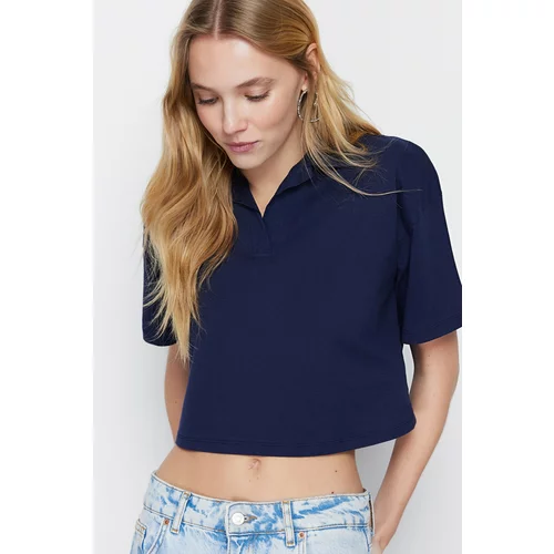 Trendyol Navy Blue 100% Cotton Crop Polo Neck Knitted T-Shirt