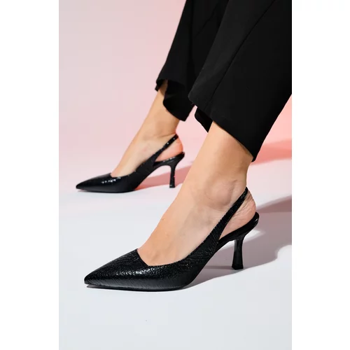 LuviShoes PLOVA Black Shiny Pointed Toe Open Back Thin Heel Shoes