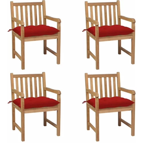  Vrtne stolice s crvenim jastucima 4 kom od masivne tikovine