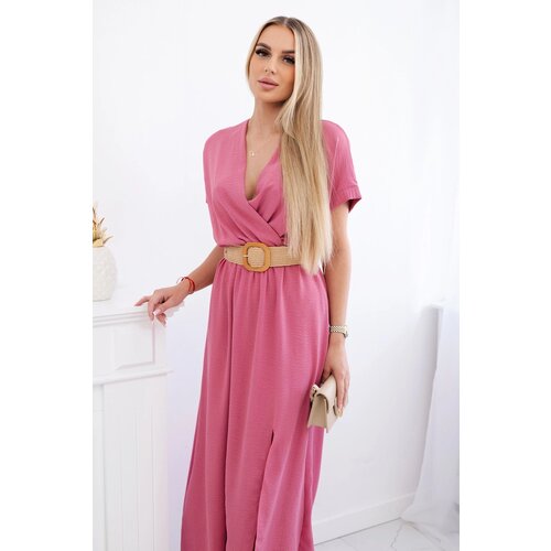 Kesi Włoski Long dress with a decorative belt dark pink Slike