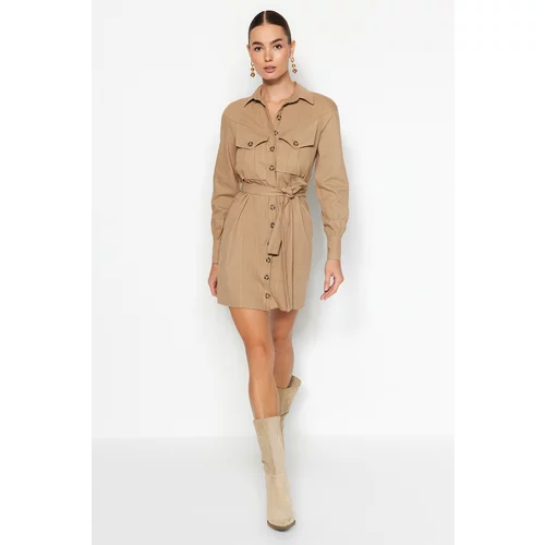 Trendyol Camel Belted and Buttoned Woven Shirt Dress