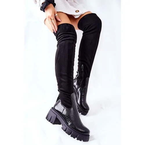 Maciejka Leather Boots Crocodile Black