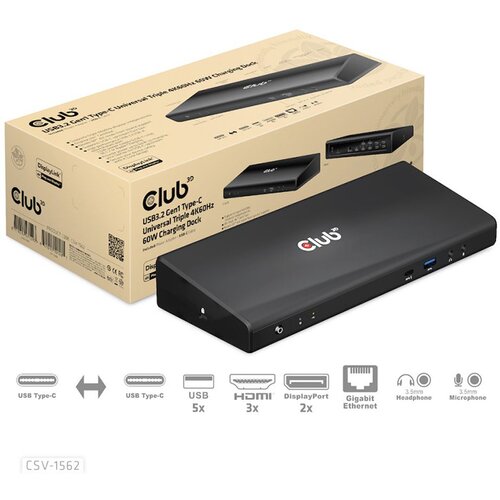 Docking station Club 3D USB3.2 Gen1 Type-C Universal Triple 4K60Hz 60W Charging Dock HDMI, DP, RJ45 CSV-1562 Cijene