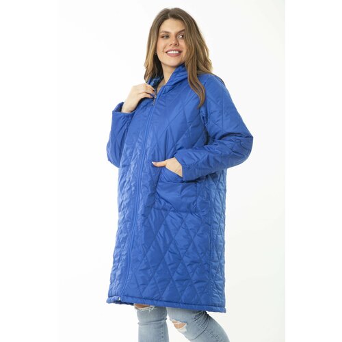 Şans Women's Plus Size Saxe Blue Front Zippered Hooded Quilted Lined Long Coat Slike