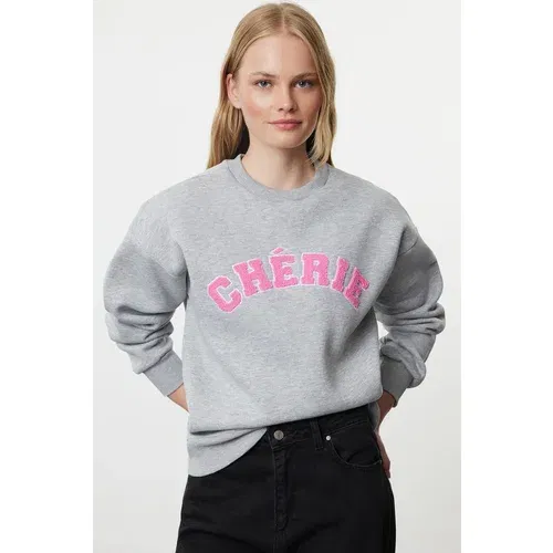 Trendyol Gray Melange Thick Inside Fleece Oversize/Relaxed Cut Slogan Embroidered Knitted Sweatshirt