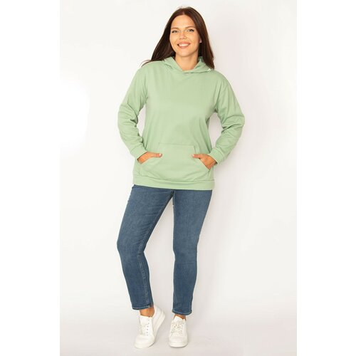 Şans Women's Plus Size Green Hooded Kangaroo Pocket Raising Sweatshirt Slike