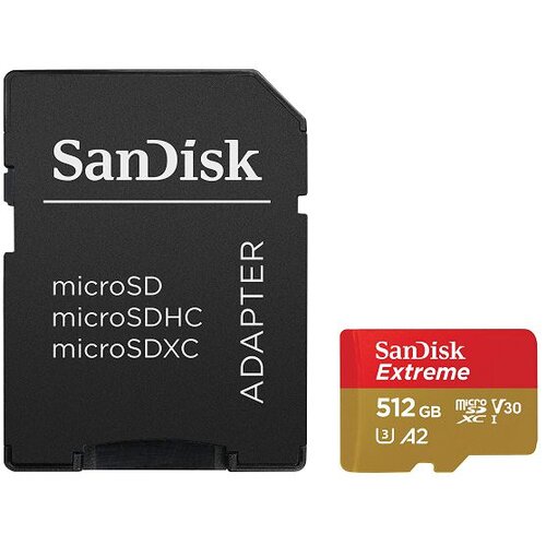 San Disk Extreme microSDXC 512GB + SD Adapter 190MB/s &amp;amp; 130MB/s A2 C10 V30 UHS-I U3 Slike