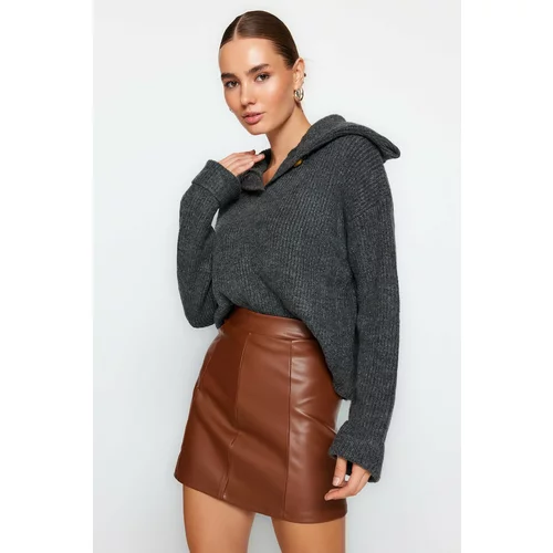Trendyol Brown Imitation Leather High Waist Knitted Mini Skirt With Rayons