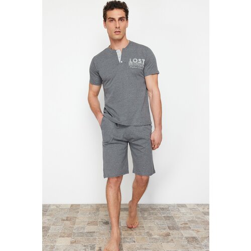 Trendyol Smoked Button Collar Regular Fit Pajama Set with Knitted Shorts Cene