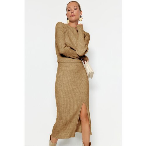 Trendyol Camel Crop Skirt Knitwear Bottom-Top Set Slike