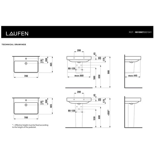 Laufen H8109670001041 Pro S 70 x 46,5 cm pravokotni stenski keramični umivalnik z odprtino za armaturo Slike