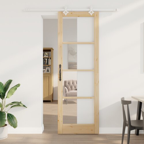vidaXL Komplet drsnih vrat z opremo 78x232 cm Trden borov les, Notranja vrata z steklom 'ORKDAL'78x232x4 cm Trden borov les Cene