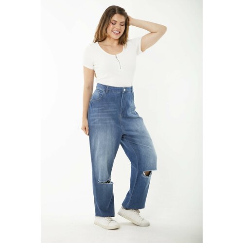 Şans Women's Plus Size Blue Ripped Detailed High Waist Leg Dirty Stitched Jeans Cene