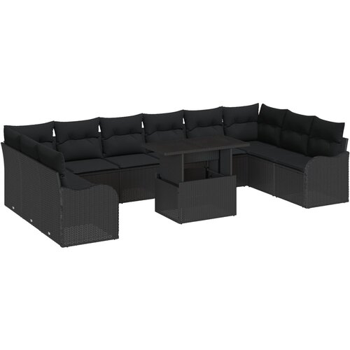 VidaXL set vrtnih sofa od 11 dijelova s jastučićima crni poli ratan, dvosjedna vrtna sofa s spremi&amp;scaron;tem i jastučićima crni poli ratan Slike