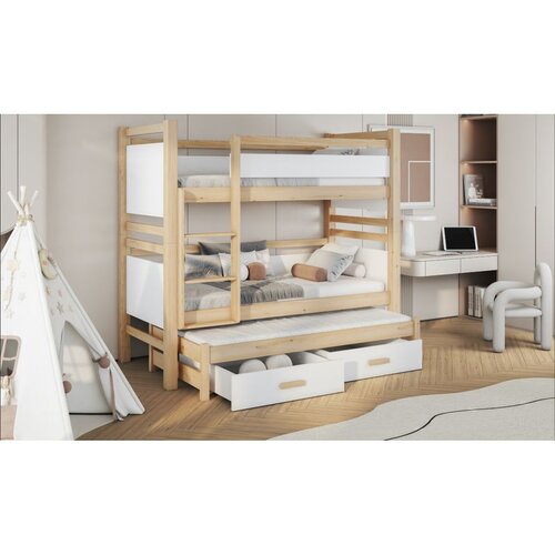 Molarem Home Drveni dječji krevet na kat Janis III s tri kreveta i ladicom - svijetlo drvo - 180x80 cm - Bez madraca Cijene