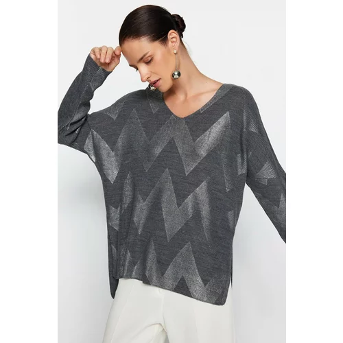 Trendyol Anthracite Foil Printed Knitwear Sweater