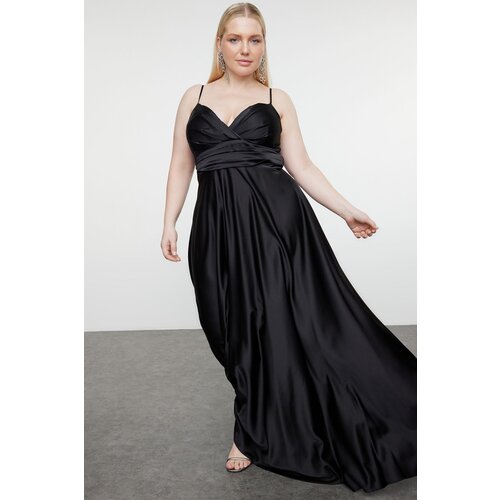 Trendyol Curve Black Strap Double Breasted Neck A-Line Maxi Woven Plus Size Evening Dress Slike