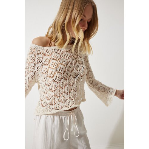  Women&amp;#039;s Cream Openwork Crop Knitwear Blouse Slike