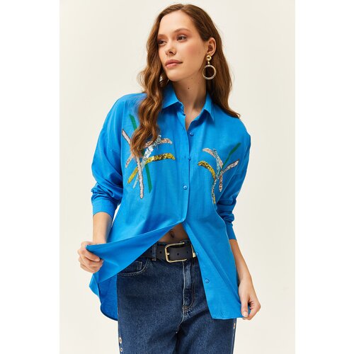 Olalook Women's Saxe Blue Color Sequin Stick Woven Shirt Slike
