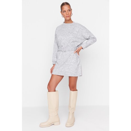 Trendyol Gray Belted Soft Mini Knitted Dress Slike