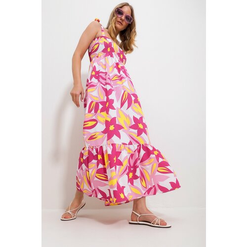 Trend Alaçatı Stili Women's Fuchsia Strap Skirt Flounce Floral Patterned Gimped Woven Dress Slike