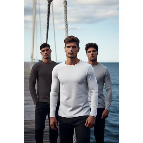 Trendyol Anthracite-Grey-White Men's 3-Pack 100% Cotton Long Sleeved Slim/Tight Fit Basic T-Shirt