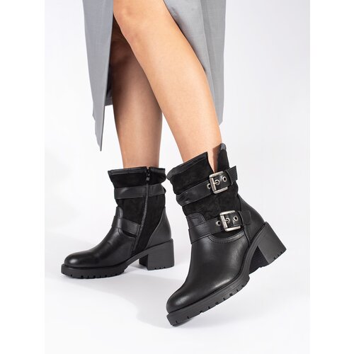 Shelvt Women&amp;#039;s black heeled boots with buckles Slike