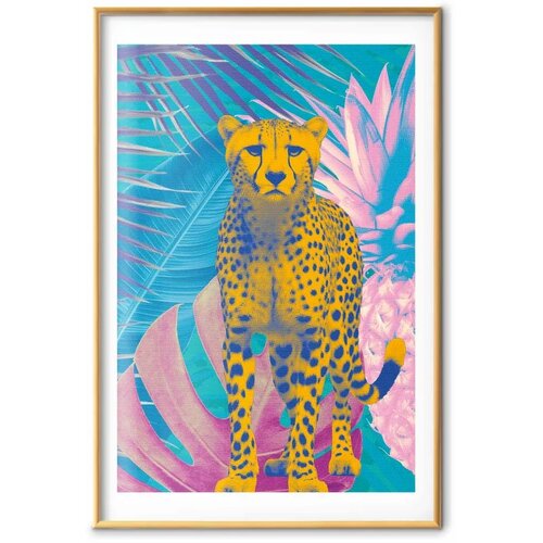  Plakat - Exotic Leopard - colorful portrait of a cheetah against tropical leaves 21x30 Zlatni okvir s margom Slike