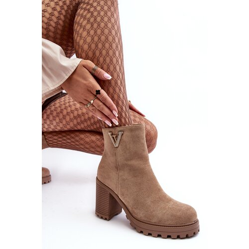 Boto Women's Suede Boots On Heel With Decoration Beige Strong Cene
