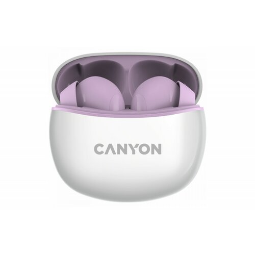 Canyon TWS-5 Bluetooth headset, with microphone, BT V5.3 JL 6983D4, Frequence Response:20Hz-20kHz, battery EarBud 40mAh*2+Charging Case 500mAh, type-C cable length 0.24m, size: 58.5*52.91*25.5mm, 0.036kg, Purple Cene