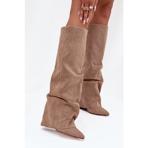 Boto Insulated Women's Boots With Turned Collar On Heel Eco Suede Beige Elivira Cene