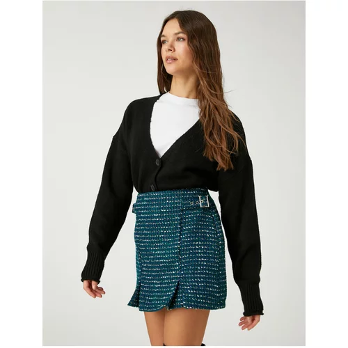 Koton Mini Shorts Skirt Tweed Pleated Pleated Patterned Sides with Buckle Detail.