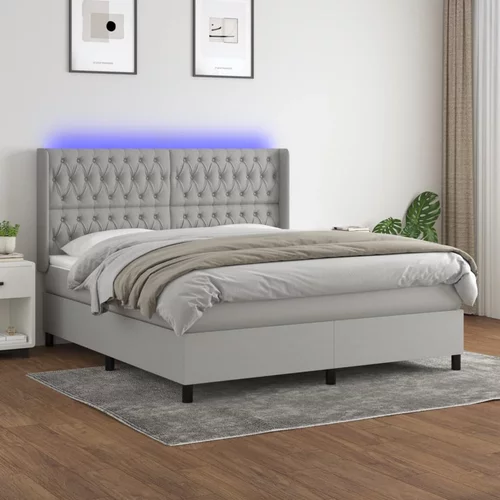 vidaXL Box spring postelja z vzmetnico LED sv. siva 180x200 cm blago