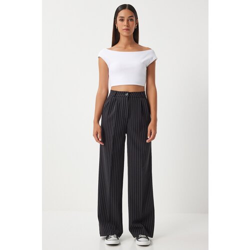 Happiness İstanbul women's black thin striped masculine palazzo trousers Slike