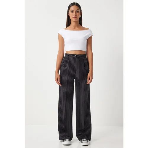 Happiness İstanbul Women's Black Thin Striped Masculine Palazzo Trousers