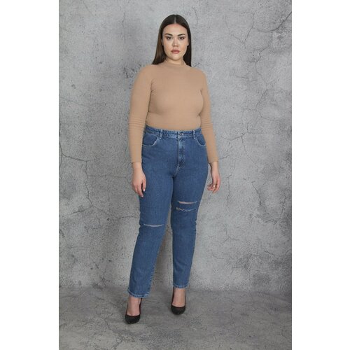 Şans Women's Large Size Blue Ripped Detailed Jeans Pants Slike
