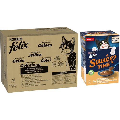  120x 85g Jumbo pak. Felix + 24x 40g Sauce Time okus piletine i puretine gratis! - &amp;quot;Sensations&amp;quot; vrećice: Raznolikost okusa (govedina, piletina, pačetina i janjetina) Slike