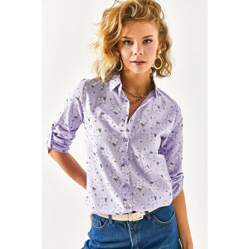 Olalook Women's Lilac Floral Foldable Linen Shirt with Sleeves Slike