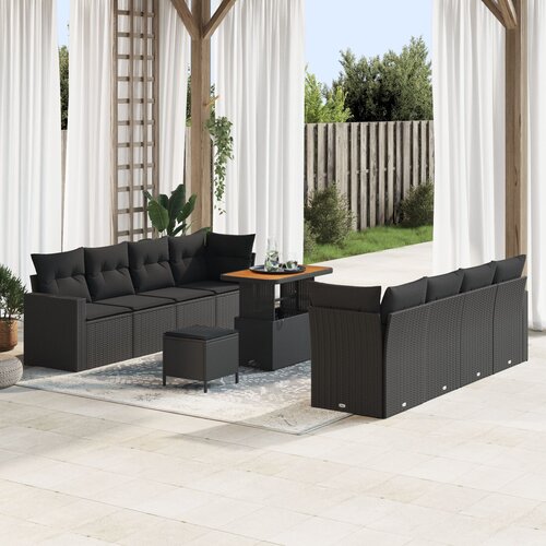 VidaXL 11 Delni Vrtni Sofa Set z Blazinami Črn Pol Ratan Akacija, 3 Delni Vrtni Jedilni Set z Blazinami Črn Pol Ratan Akacija Slike