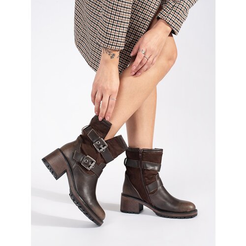 Shelvt Brown women's heeled ankle boots with buckles Cene