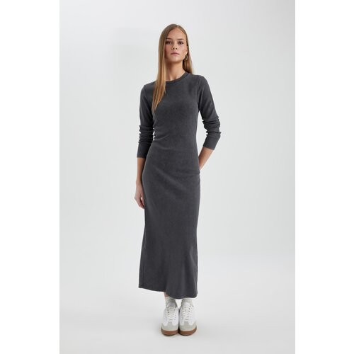 Defacto Bodycon Crew Neck Ribbed Camisole Maxi Long Sleeve Washed Fade Effect Dress Cene