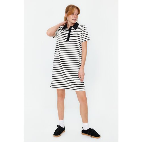 Trendyol Black and White Striped Polo Neck A-Line/A-Line Form Knitted Mini Dress Slike