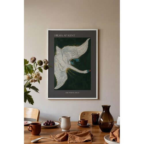 Wallxpert uramljena slika 115232, The White Swan Hilme af Klint, beli labud na tamnoj pozadini, 30 x 40 cm, beli ram Slike